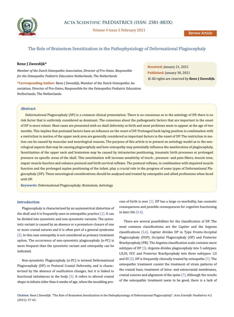The Role of Brainstem Sensitization in the Pathophysiology of Deformational Plagiocephaly by R.J. Zweedijk