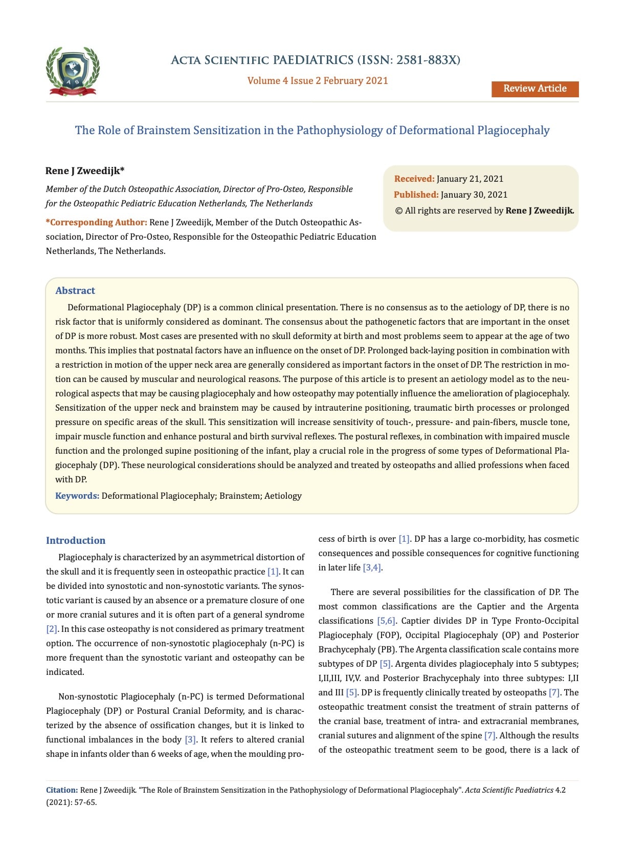The Role of Brainstem Sensitization in the Pathophysiology of Deformational Plagiocephaly by R.J. Zweedijk
